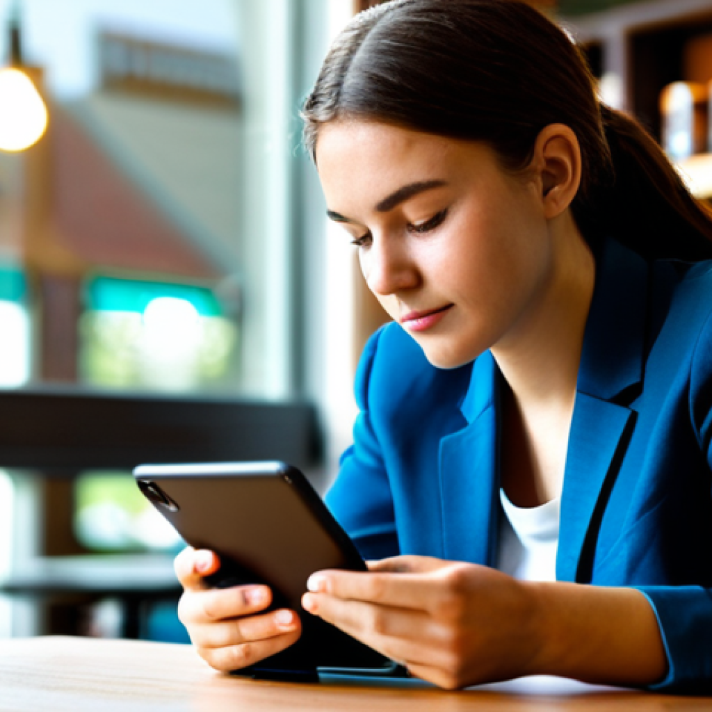 A professional young adult, fully clothed in modest, modern casual wear, intently focused on a large smartphone or tablet screen held comfortably, actively performing video editing. The setting is a brightly lit, clean coffee shop, with a subtly blurred background showing hints of modern decor and a coffee cup. The subject exhibits perfect anatomy, correct proportions, a natural pose, well-formed hands, and proper finger count. The image has a professional photography style, with cinematic lighting and high resolution. This content is safe for work, appropriate content, fully clothed, and family-friendly.