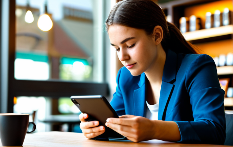 A professional young adult, fully clothed in modest, modern casual wear, intently focused on a large smartphone or tablet screen held comfortably, actively performing video editing. The setting is a brightly lit, clean coffee shop, with a subtly blurred background showing hints of modern decor and a coffee cup. The subject exhibits perfect anatomy, correct proportions, a natural pose, well-formed hands, and proper finger count. The image has a professional photography style, with cinematic lighting and high resolution. This content is safe for work, appropriate content, fully clothed, and family-friendly.