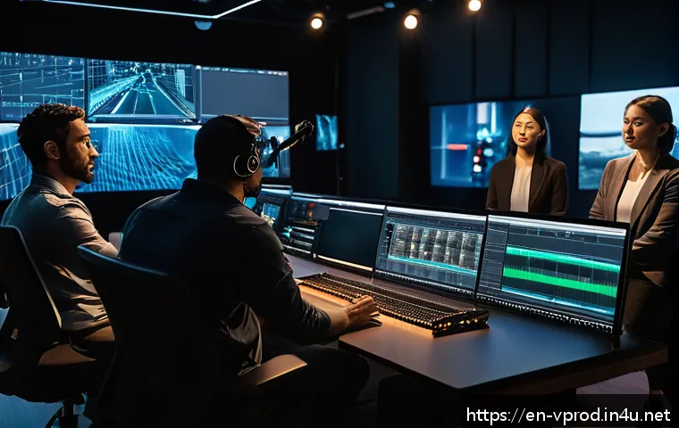 영상제작 전문성이 중요한 이유 - A professional video production studio scene featuring a diverse creative team collaborating around ...